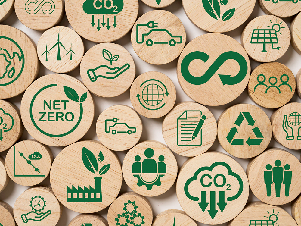 Icons of sustainability on wooden discs.