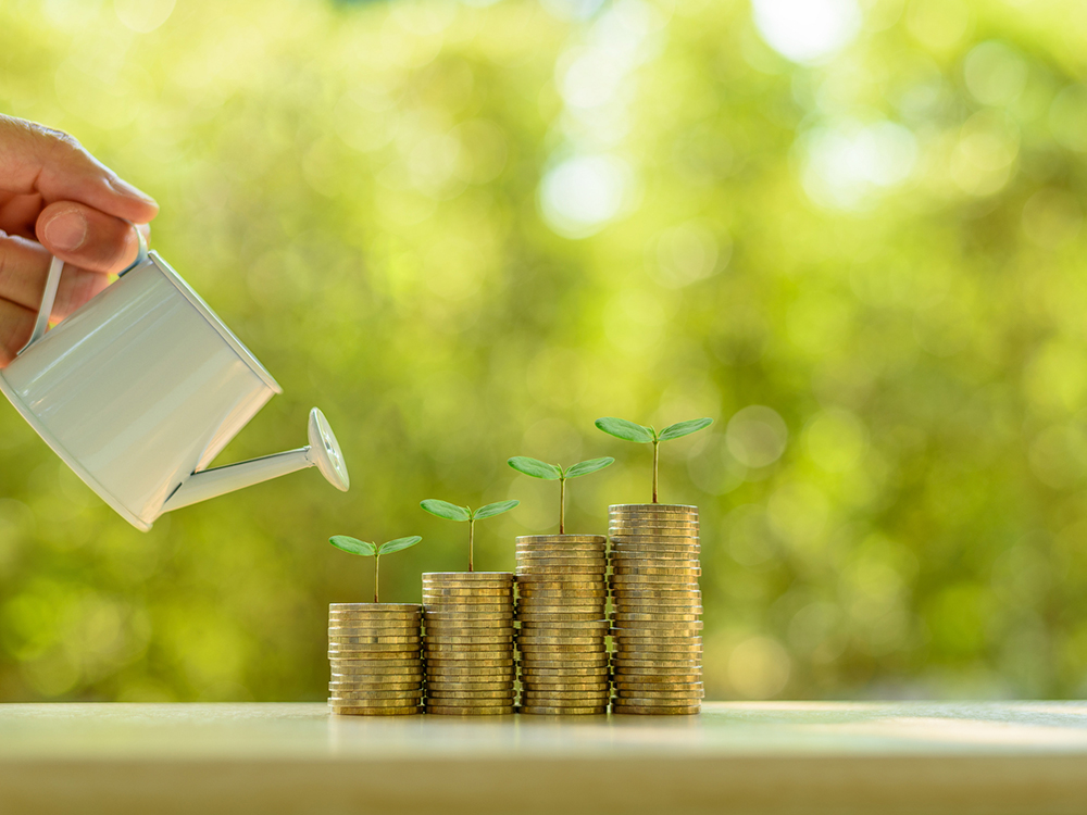 Coins with sprouting plants being watered, symbolizing economic growth.