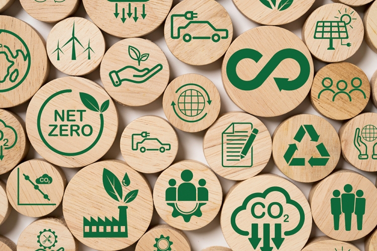 Icons of sustainability on wooden discs.