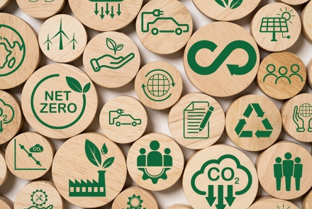 Icons of sustainability on wooden discs.